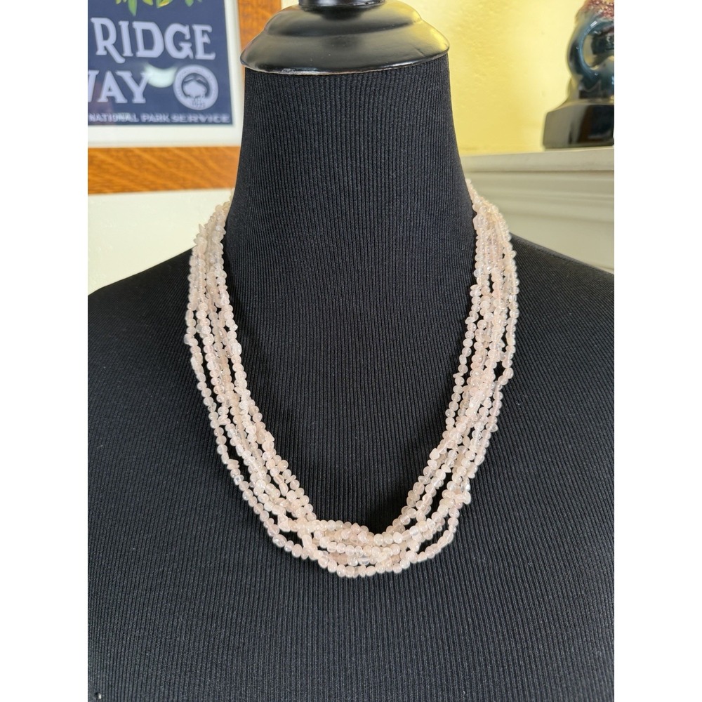 Vintage Rose Quartz 6 Strand Necklace 23" Carved Leaf Clasp Pink Gemstone